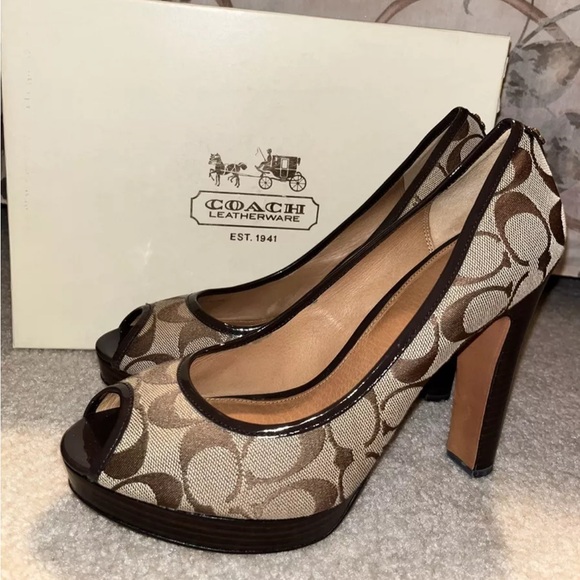 Coach Breana Signature Canvas and Patent Peep Toe Platform Heels- Size 10M - Picture 1 of 7